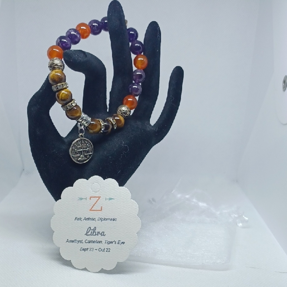 Zodiac Libra Charm Bracelet With Precious Stones 7" Stretch Band